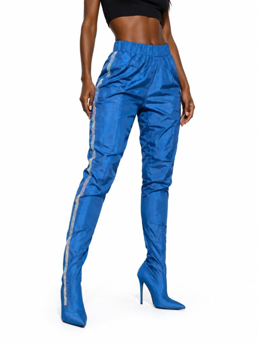 Women’s Blue Rhinestone Side Stripe Heel Leggings Boots Combo